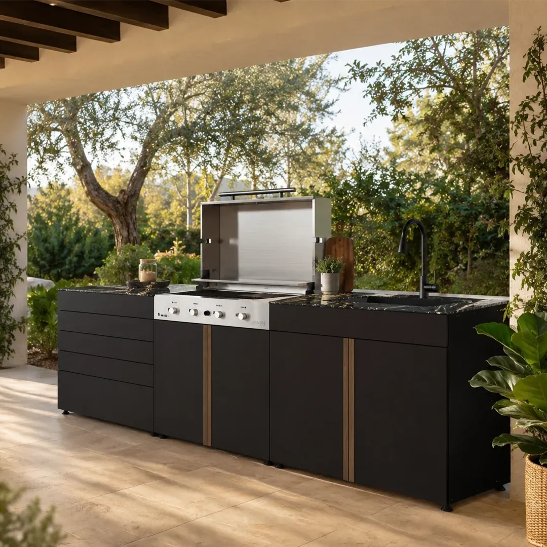 Pure modular outdoor kitchen under a pergola