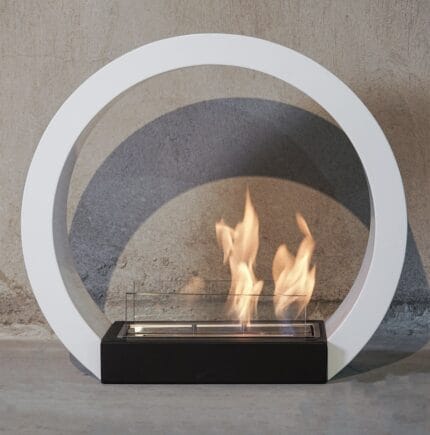 A modern fireplace with a circular design.