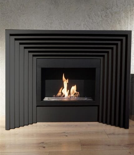 A modern fireplace with a black fire.