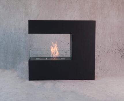 A black fireplace with a fire in it.